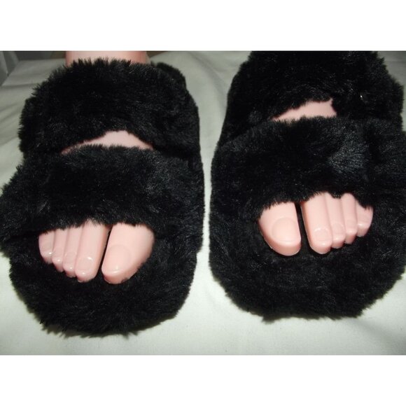 Steve Madden Slippers Womens Size 8 Black Faux Fur Fuzzy Slide House Shoes - Picture 2 of 12